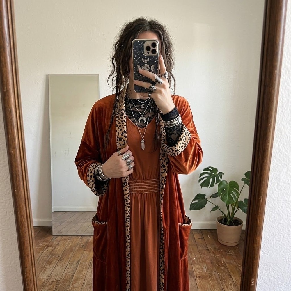 VTG GIGIO USA Rust Velvet Leopard Trim Duster Cardigan Robe S Whimsigoth Witchy